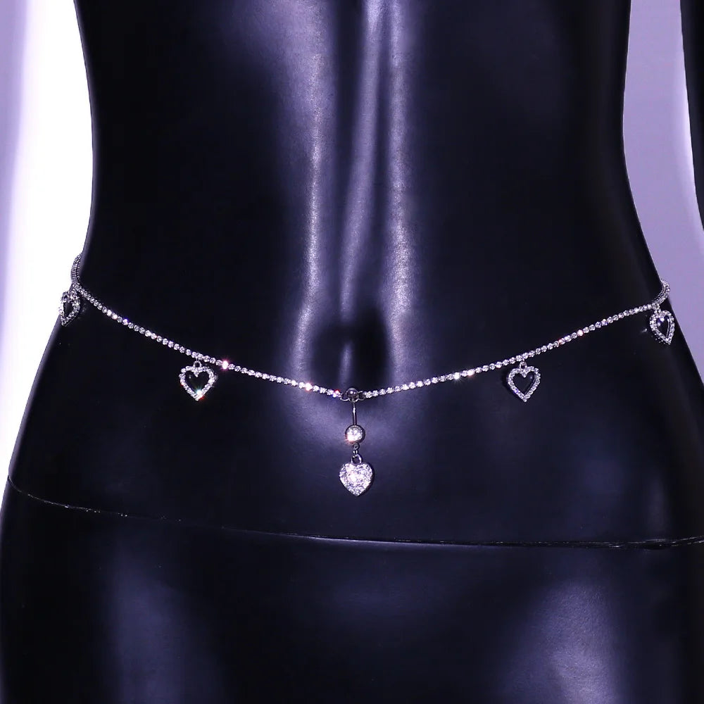 Sexy Rhinestone Heart Belly Button Waist, High Quality Chain Fashion Love Pendant , Navel Piercing Chain Ring Body Jewelry Party
