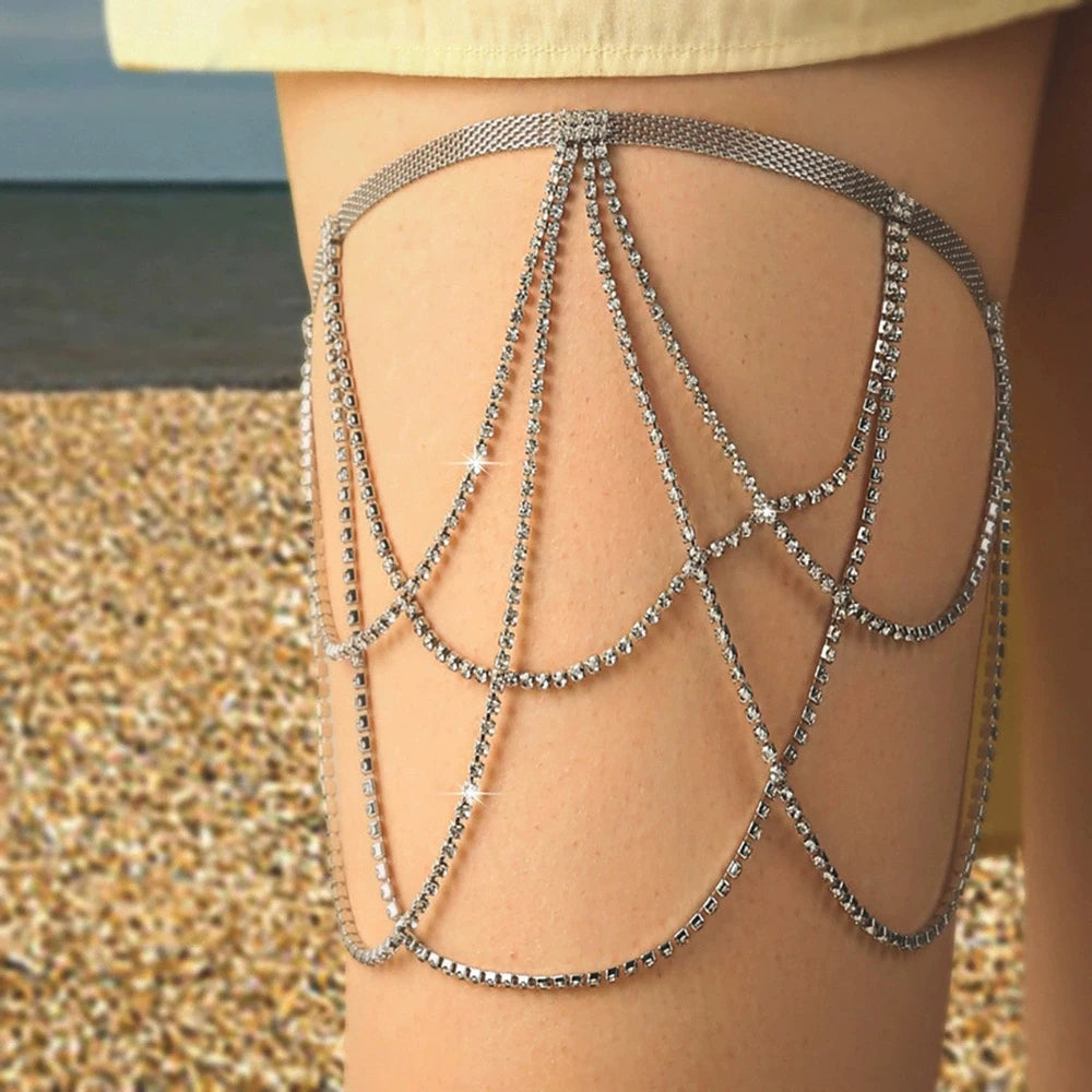 Boho Elastic Band Crystal Leg Thigh Chain for Women Summer Beach Sexy Tassel Multilayer Adjustable Body Jewelry Dress Decorate