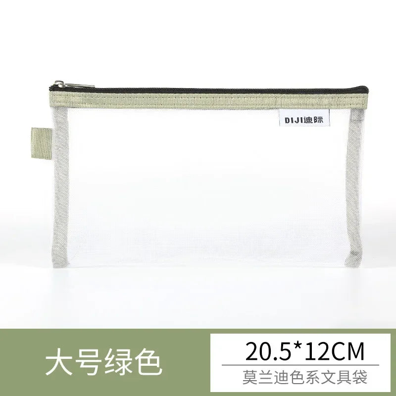 Cute Simple Morandi Color Edge Transparent Mesh Pencil Case Kawaii Pen Bag Student Stationery Aesthetic Back to School Supplies