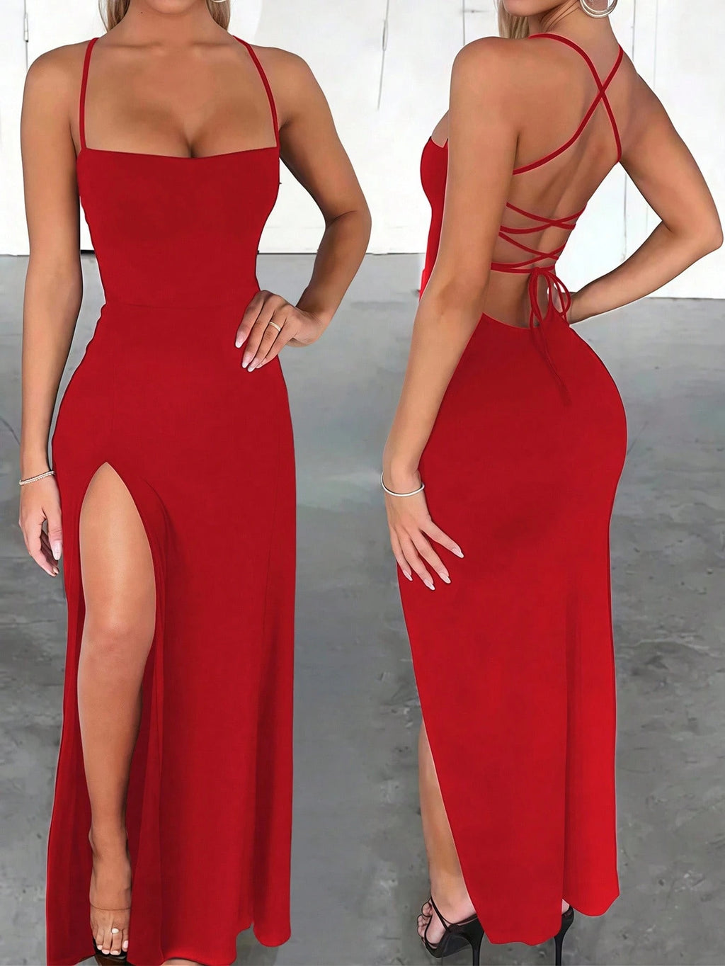 INAWLY Slim Fit Sexy High Slit Cross Strap Tie up Long Dress for Women