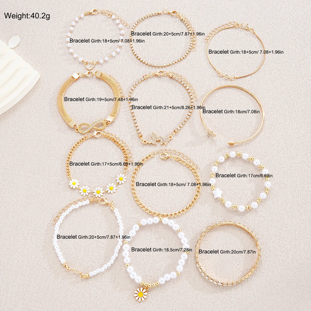 12PCS Boho Infinity Symbol Daisy Flower Bracelets for Women Retro Gold Color Heart Butterfly Crystal Bracelets Set Party Jewelry