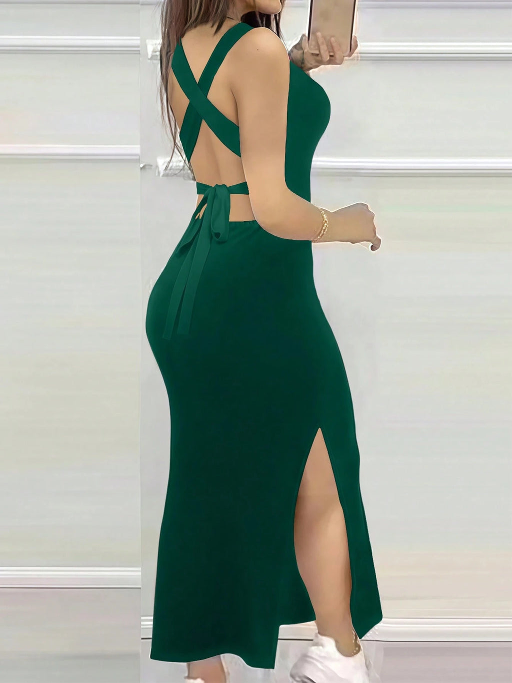 INAWLY Slim Fit Sexy Low Cut Backless Criss-Cross Strap Slit Dress