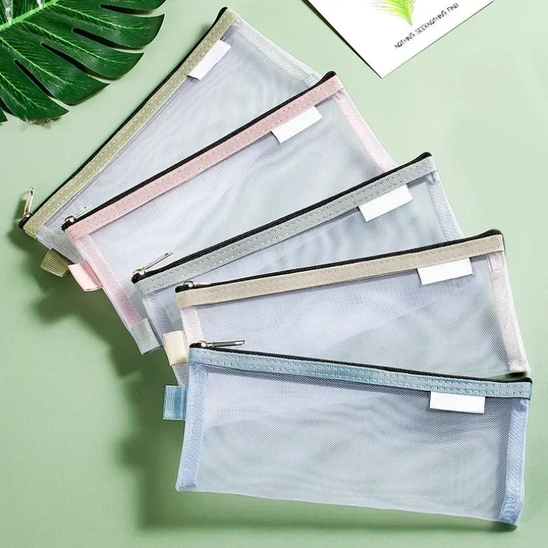 Cute Simple Morandi Color Edge Transparent Mesh Pencil Case Kawaii Pen Bag Student Stationery Aesthetic Back to School Supplies