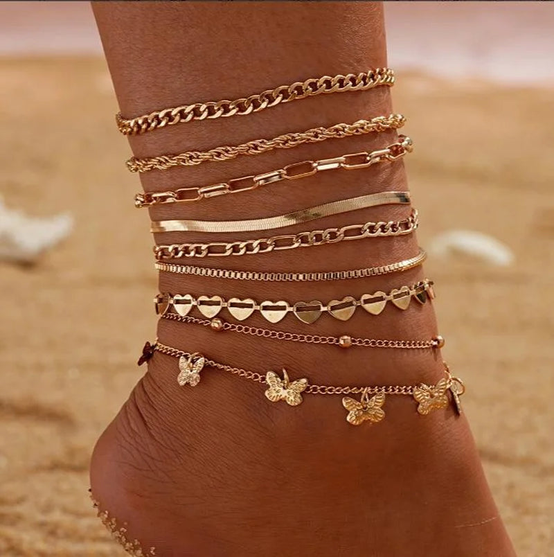6Pcs/Set Gold Color Twisted Cuban Chain Anklet Set for Women Fashion Summer Colorful Zircon Anklet Beach Party Jewelry Gifts New