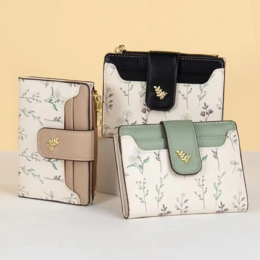 Slim PU Leather Short Wallet INS Multi-Cards Zipper Coin Purse Hasp Small Flowers Card Bag Wallet Zipper Hasp for Women Girl