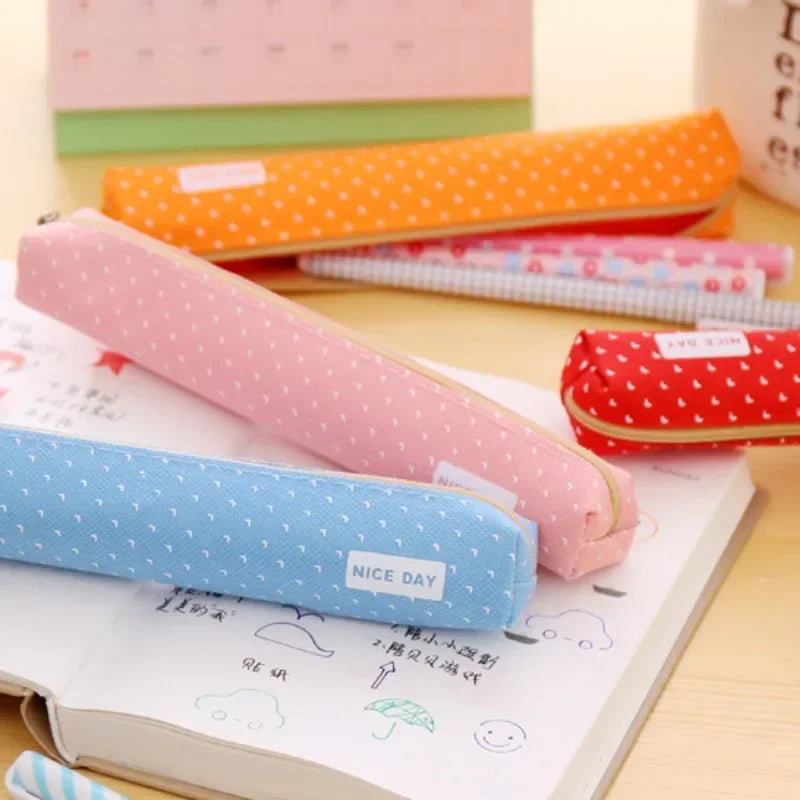 1Pc Korean Cute Stripe Polka Dot Candy Color Pencil Bag Portable Student Stationery Pencil Pouch Girls Back to School Supplies