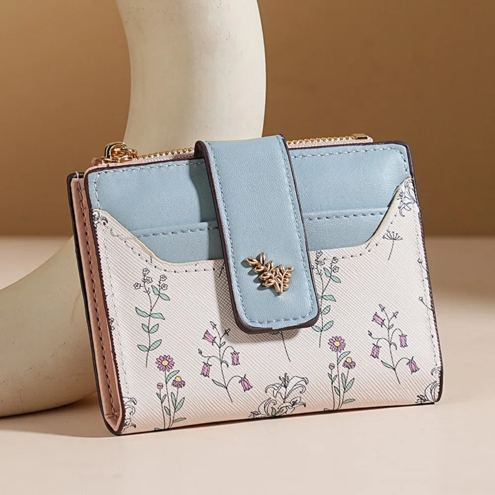 Slim PU Leather Short Wallet INS Multi-Cards Zipper Coin Purse Hasp Small Flowers Card Bag Wallet Zipper Hasp for Women Girl