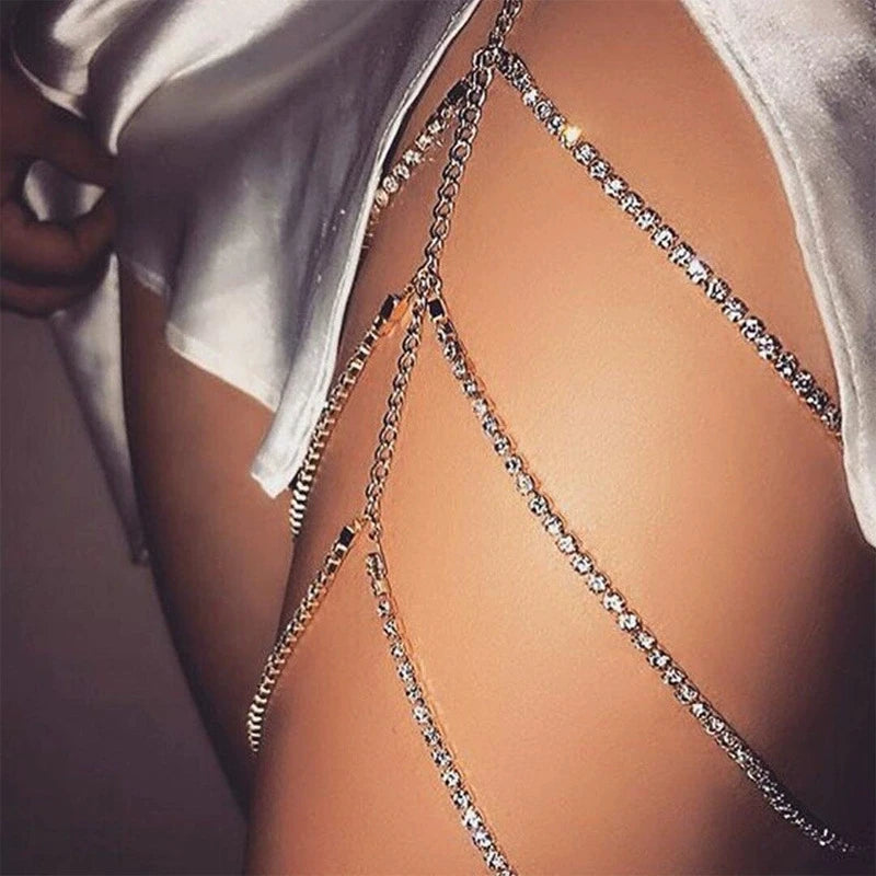 Boho Elastic Band Crystal Leg Thigh Chain for Women Summer Beach Sexy Tassel Multilayer Adjustable Body Jewelry Dress Decorate