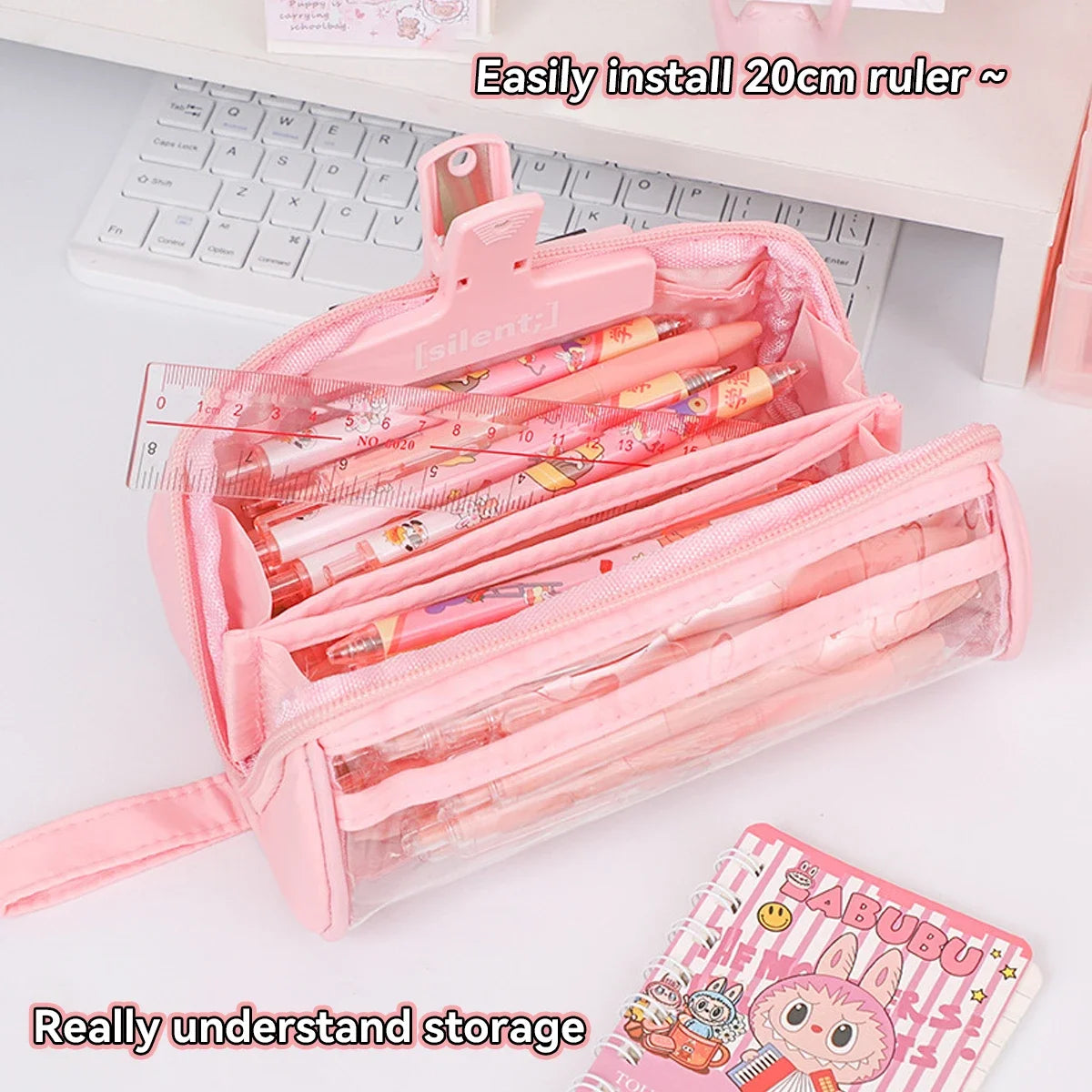Frosted Transparent Pencil Case Double Layer School Organizer with Keychain Cute Aesthetic Stationery Box for Teens Girls & Boys