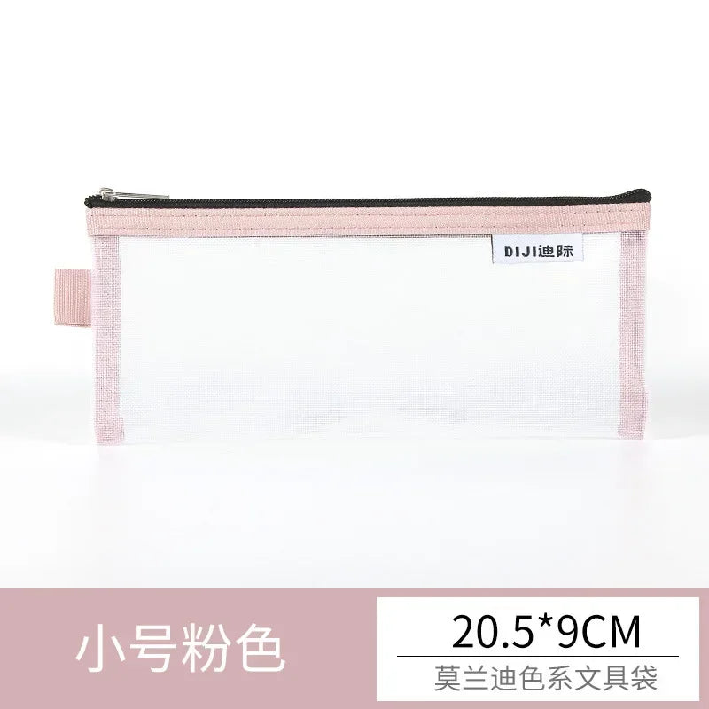Cute Simple Morandi Color Edge Transparent Mesh Pencil Case Kawaii Pen Bag Student Stationery Aesthetic Back to School Supplies
