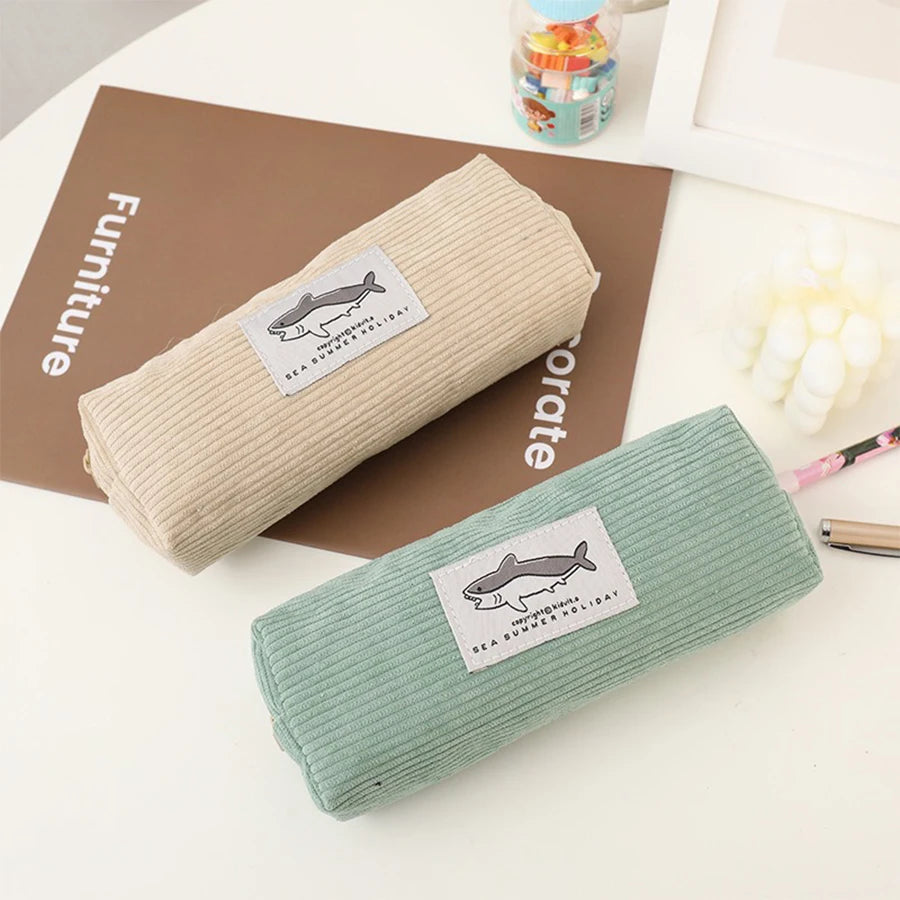 Cute Shark Pencil Case Unisex Korean Style Dirty Corduroy Resistant Storage Bag for Girls School Student Supplies Stationery