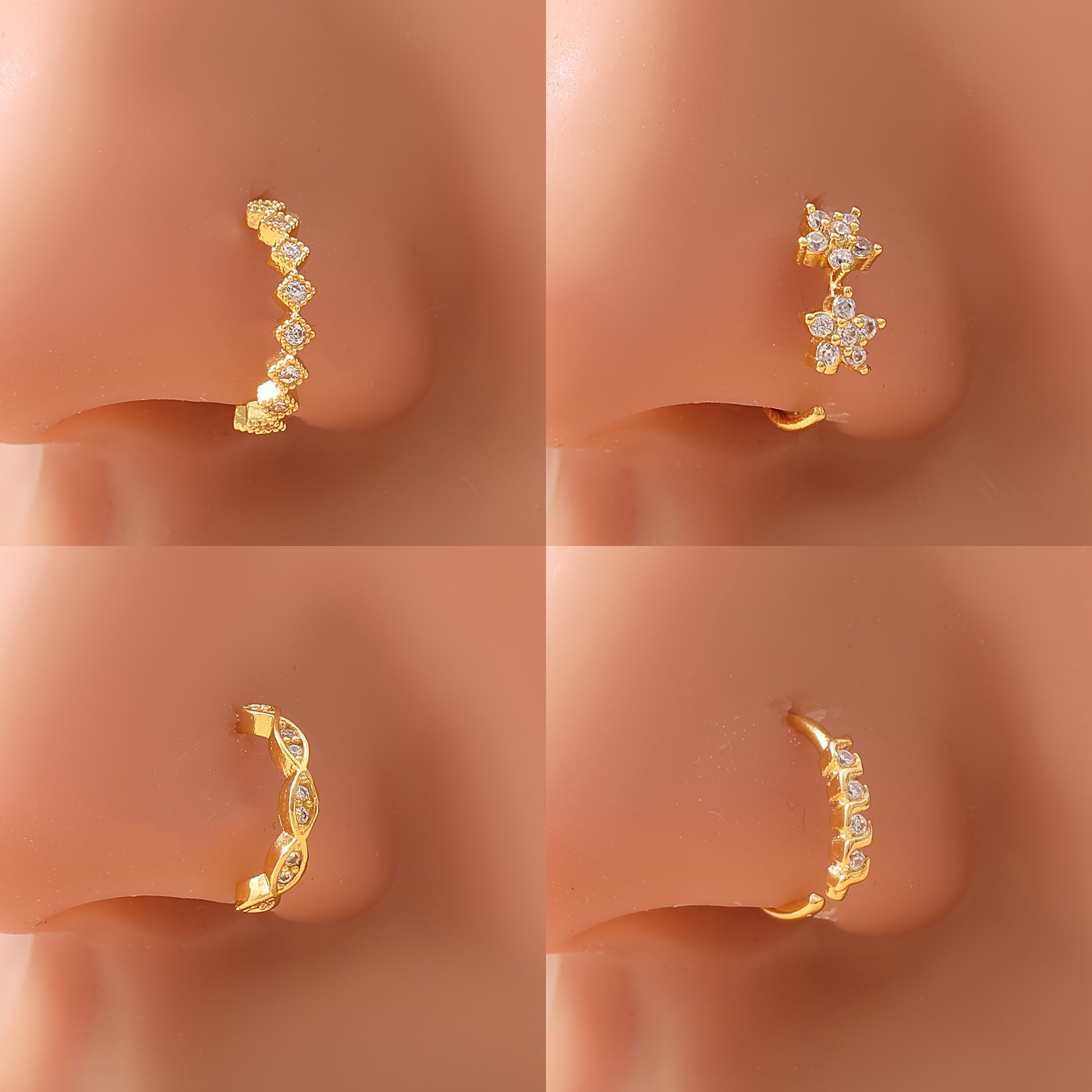 4pcs Women's Minimalist Fashion Copper Plum Blossom Corrugated Square And Stitched Braided, Wrap Style Nose Ring Studs for Daily Wear, Decorative Rings Charming Party Gift For Girls, Fashion Piercing For Christmas