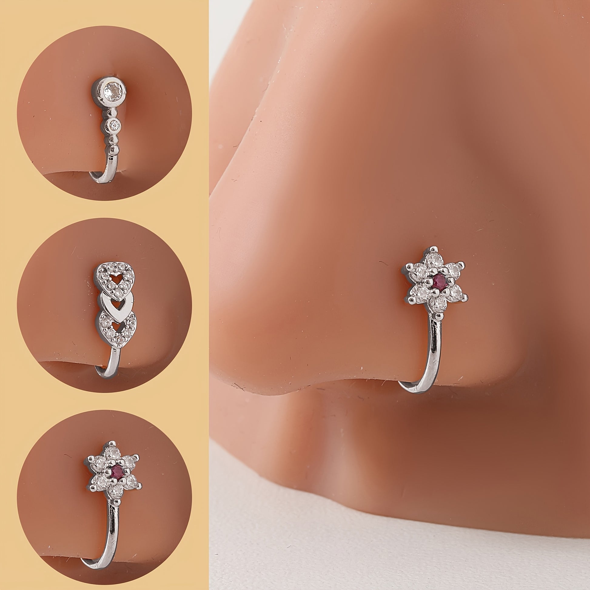 3pcs Vintage Boho Chic Nose Clip Set for Women - Adjustable, No-Pierce Required, Kind Heart & Beautiful Flower Designs with Charming Sparkling Cubic Zirconia - Nice Ideal for Parties, Gifting, and New Year Celebrations, Nose