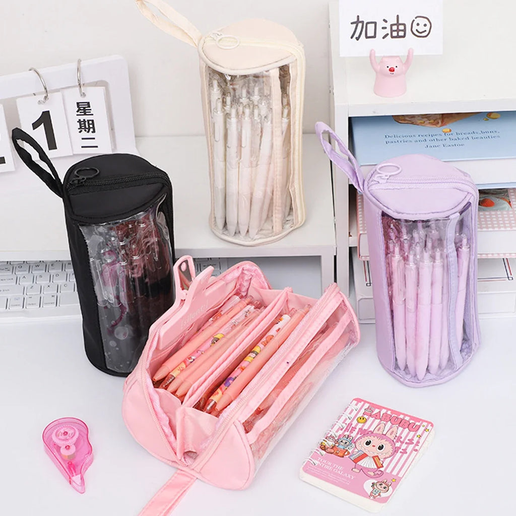 Frosted Transparent Pencil Case Double Layer School Organizer with Keychain Cute Aesthetic Stationery Box for Teens Girls & Boys