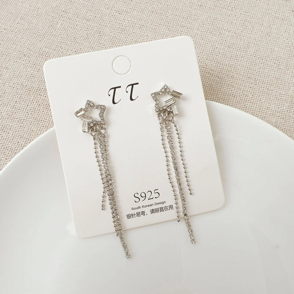 2024 New Simple Stars Tassel Earrings for Women Korean Charm Delicate Shiny Rhinestone Drop Earring Fashion Wedding Gift Jewelry