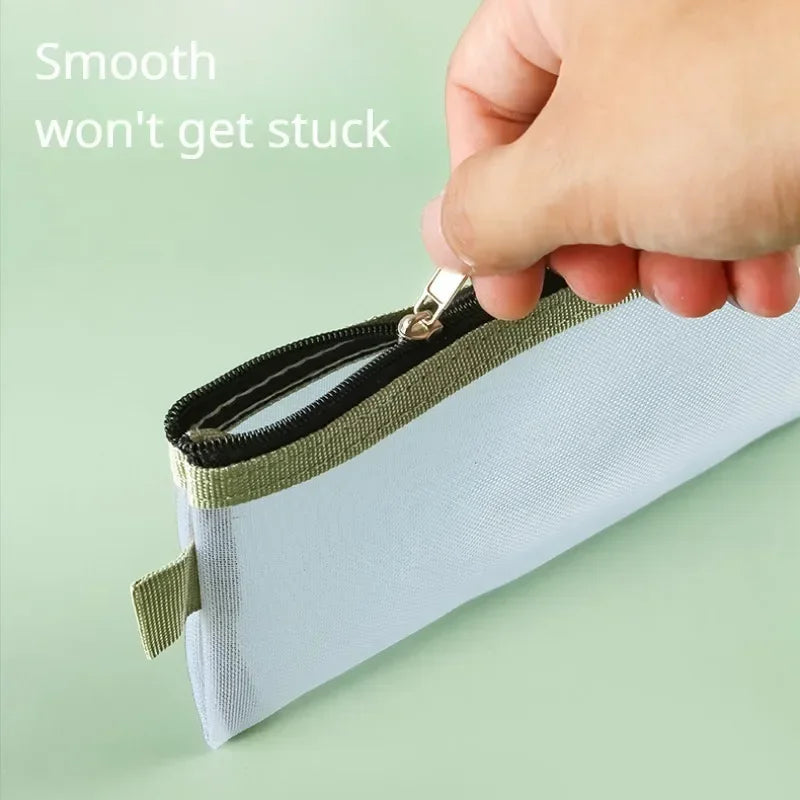 Cute Simple Morandi Color Edge Transparent Mesh Pencil Case Kawaii Pen Bag Student Stationery Aesthetic Back to School Supplies