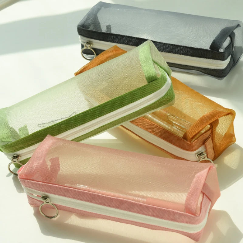 Korean Fresh Color Transparent Pencil Bags Kids Zipper Pen Pouch Stationery Organizer School Supplies Women Portable Makeup Bag