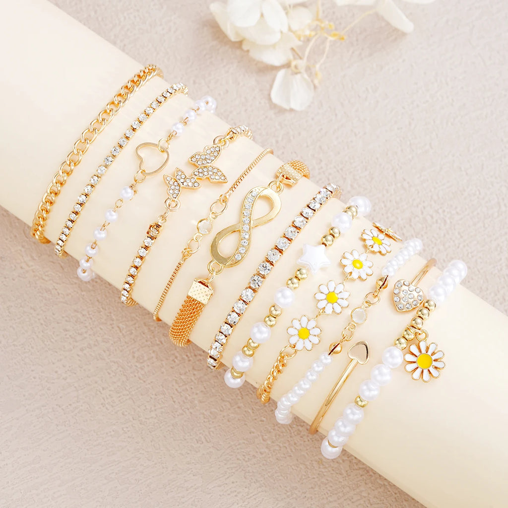 12PCS Boho Infinity Symbol Daisy Flower Bracelets for Women Retro Gold Color Heart Butterfly Crystal Bracelets Set Party Jewelry