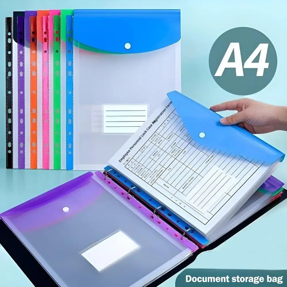A4 High-Capacity Loose Leaf File Bags with 11-Hole Binder Rings Expandable Buckles & Label Slots for School Office Supplies