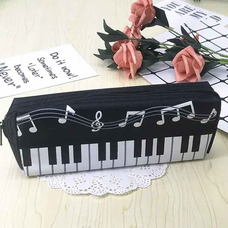 Classic Music-Themed Pencil Bag Piano Score Note Pattern Student Stationery Bag Zipper Handle Large Capacity Pencil Cases