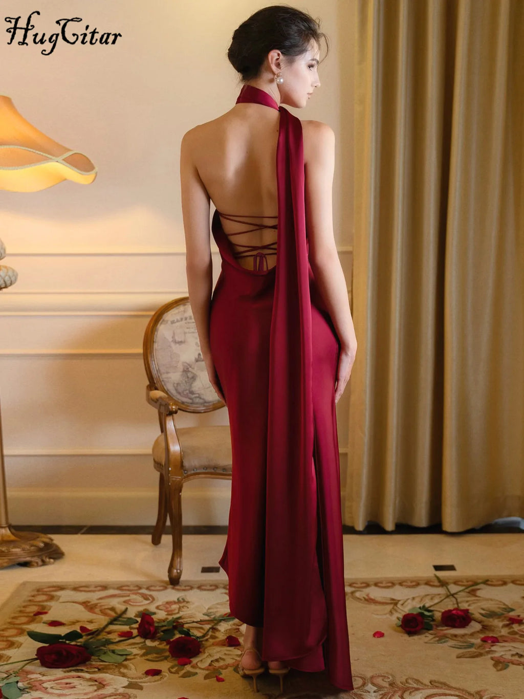 Halter Satin Solid Sleeveless Backless Lace up Sexy Bodycon Maxi Dress Summer Women Y2K Clothes Wedding Birthday Party