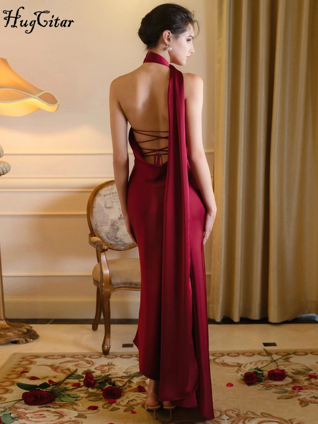 Halter Satin Solid Sleeveless Backless Lace up Sexy Bodycon Maxi Dress Summer Women Y2K Clothes Wedding Birthday Party