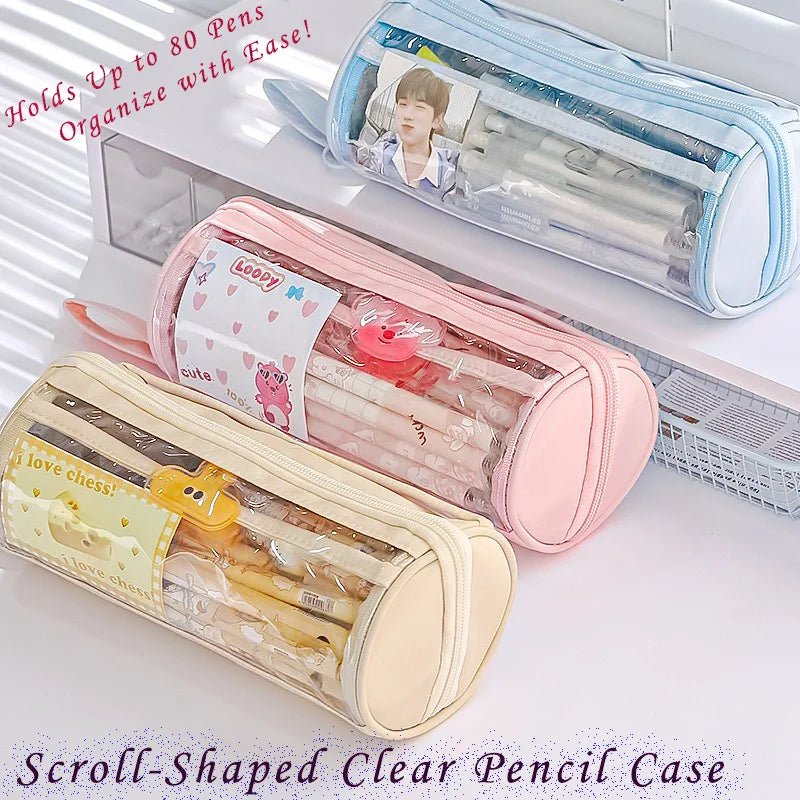 Frosted Transparent Pencil Case Double Layer School Organizer with Keychain Cute Aesthetic Stationery Box for Teens Girls & Boys