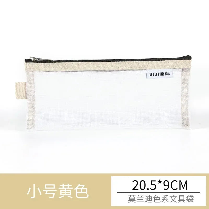 Cute Simple Morandi Color Edge Transparent Mesh Pencil Case Kawaii Pen Bag Student Stationery Aesthetic Back to School Supplies