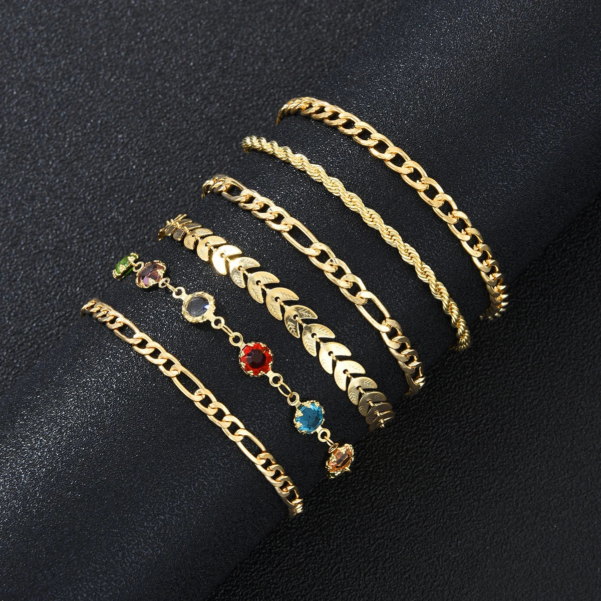 6Pcs/Set Gold Color Twisted Cuban Chain Anklet Set for Women Fashion Summer Colorful Zircon Anklet Beach Party Jewelry Gifts New