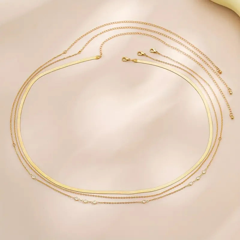 3Pcs/Set Boho Crystal Chain Belly Waist Chain for Women Simple Punk Gold Color Flat Snake Chain Bikini Body Jewelry Gifts 2024