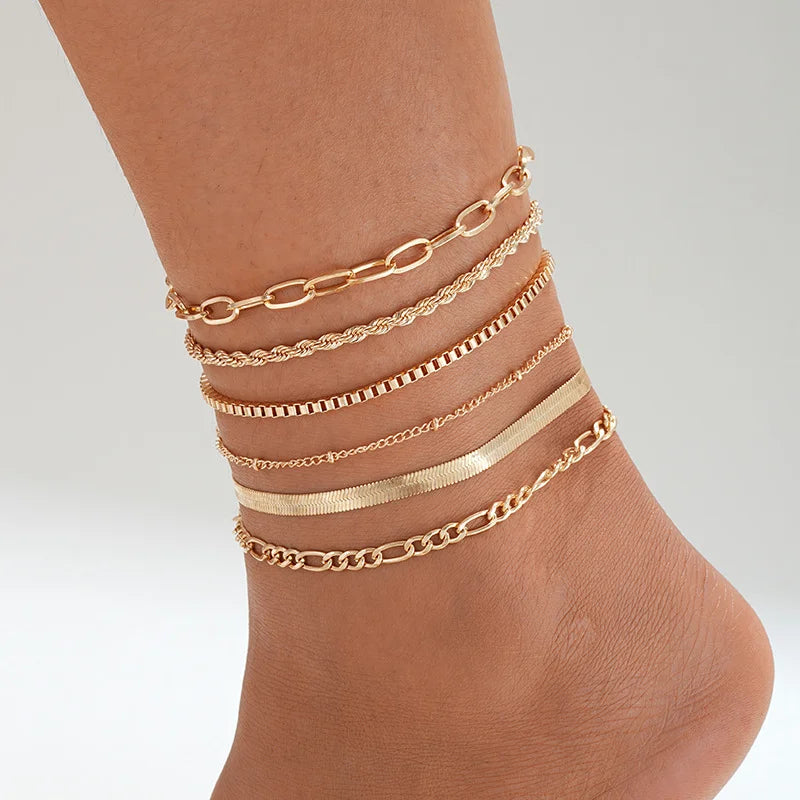 6Pcs/Set Gold Color Twisted Cuban Chain Anklet Set for Women Fashion Summer Colorful Zircon Anklet Beach Party Jewelry Gifts New