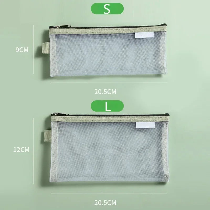 Cute Simple Morandi Color Edge Transparent Mesh Pencil Case Kawaii Pen Bag Student Stationery Aesthetic Back to School Supplies