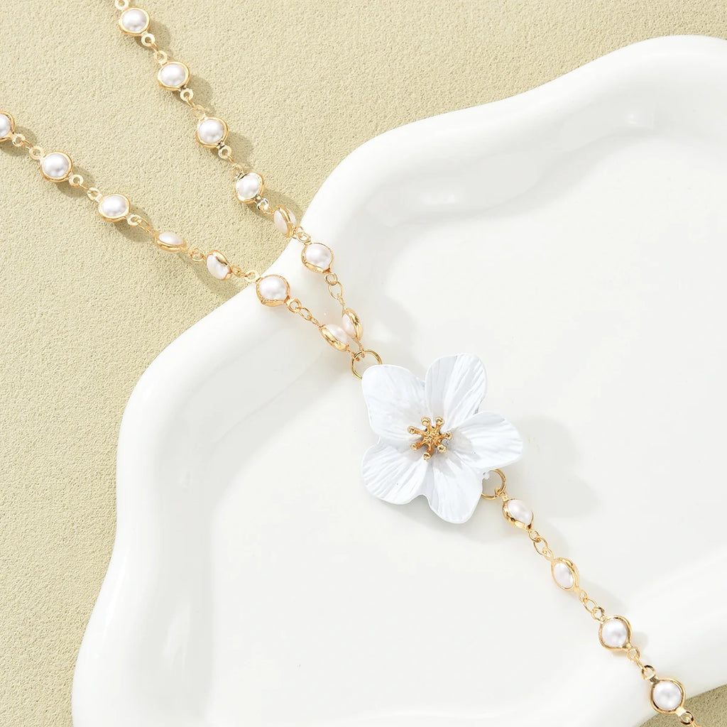 Elegant Women‘S Long Tassel Pearl Flower Necklace Fashion Gold White Color Pendants Necklace Beach Party Jewelry Accessories New