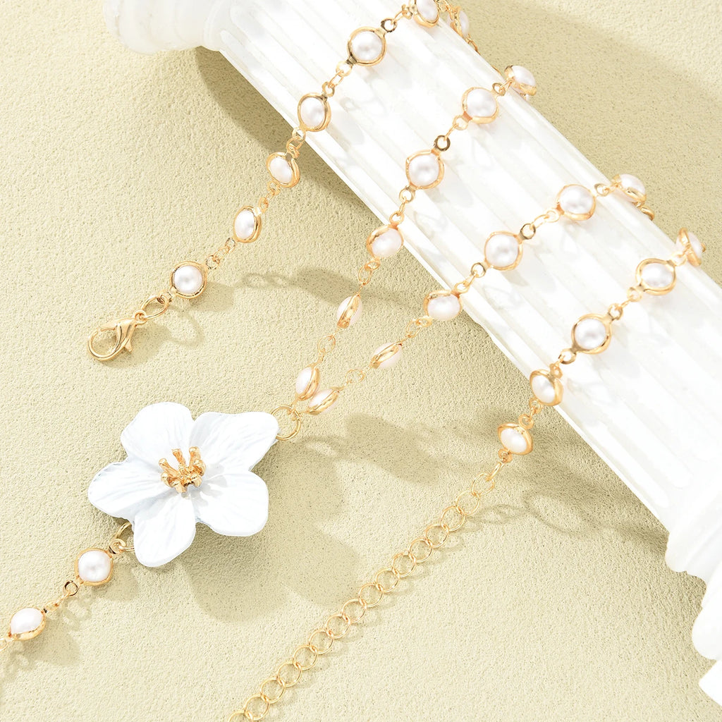 Elegant Women‘S Long Tassel Pearl Flower Necklace Fashion Gold White Color Pendants Necklace Beach Party Jewelry Accessories New