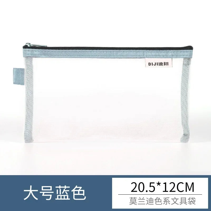 Cute Simple Morandi Color Edge Transparent Mesh Pencil Case Kawaii Pen Bag Student Stationery Aesthetic Back to School Supplies