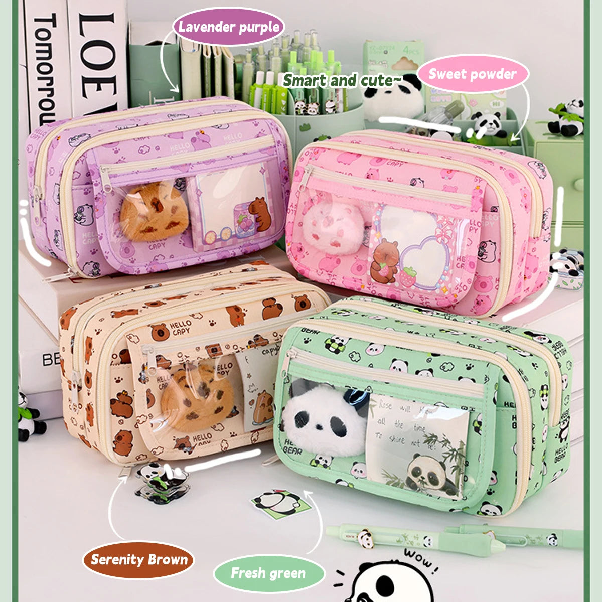 Kawaii Transparent Pencil Bag Large Capacity Korean School Organizer with 5 Compartments Waterproof Cosmetic Storage for Teens