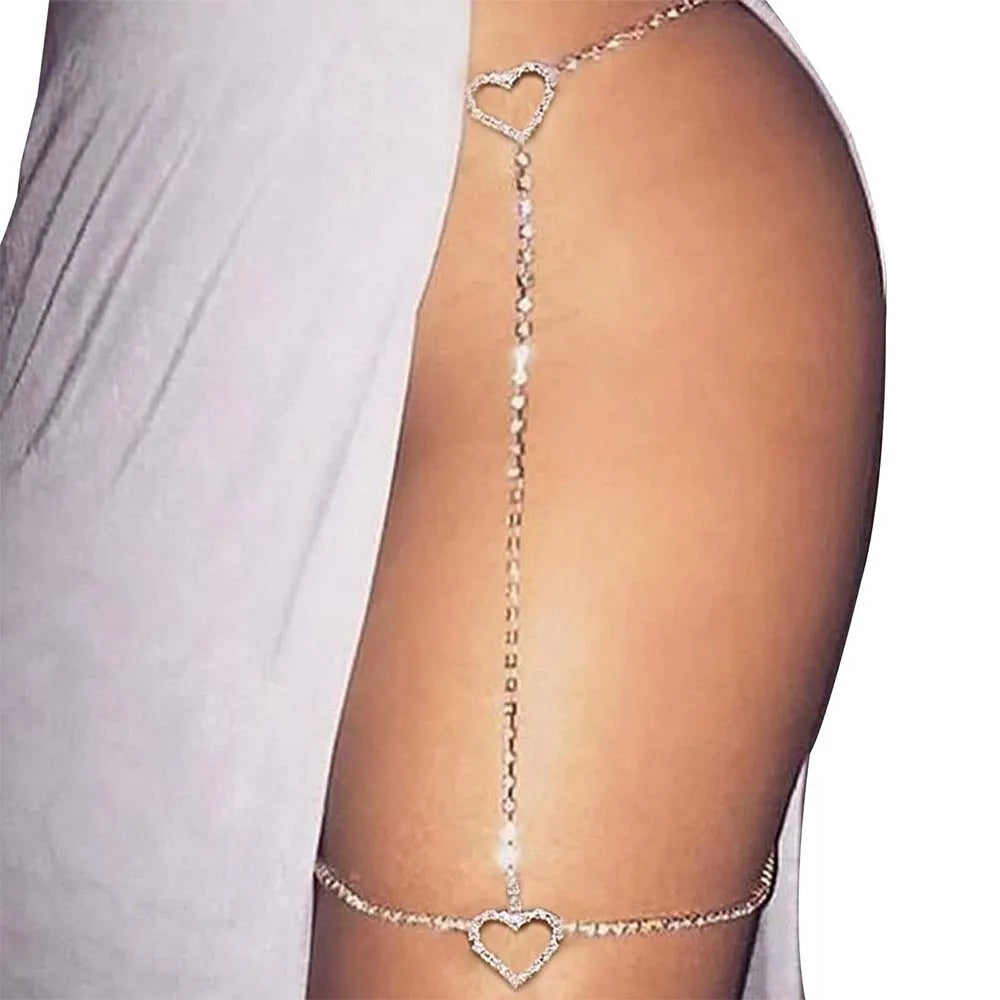 Beach Rhinestone Heart Thigh Chain Sexy Leg Women Bling Crystal Body Chain Waist Belly Rave Outfit Thigh Nightclub Dancer Gifts
