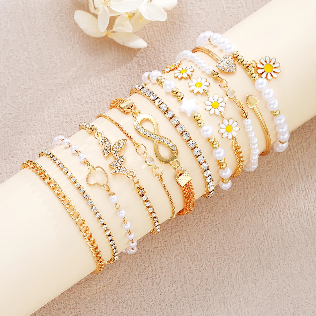 12PCS Boho Infinity Symbol Daisy Flower Bracelets for Women Retro Gold Color Heart Butterfly Crystal Bracelets Set Party Jewelry