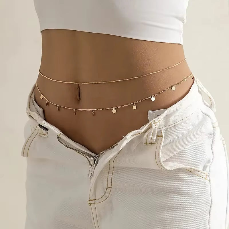 2Pcs round Coin Shape Tassel Pendant Thin Waist Chain Simple Boho Double Layers Body Chain Summer Beach Jewelry Gifts 2024 New