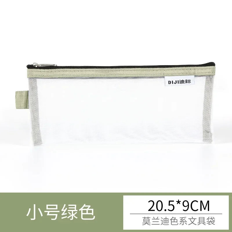 Cute Simple Morandi Color Edge Transparent Mesh Pencil Case Kawaii Pen Bag Student Stationery Aesthetic Back to School Supplies