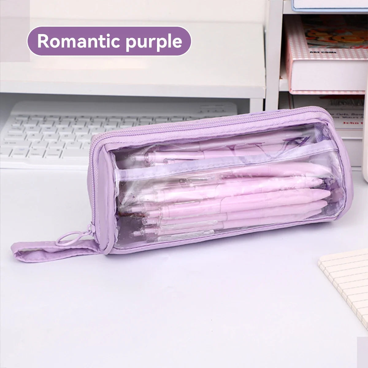 Frosted Transparent Pencil Case Double Layer School Organizer with Keychain Cute Aesthetic Stationery Box for Teens Girls & Boys