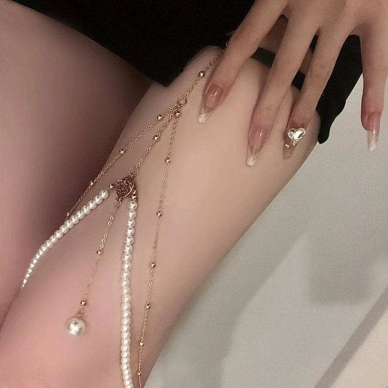 Boho Elastic Band Crystal Leg Thigh Chain for Women Summer Beach Sexy Tassel Multilayer Adjustable Body Jewelry Dress Decorate