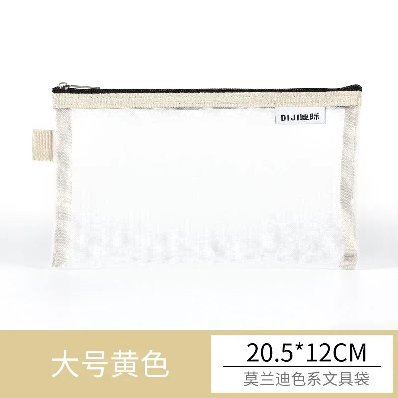 Cute Simple Morandi Color Edge Transparent Mesh Pencil Case Kawaii Pen Bag Student Stationery Aesthetic Back to School Supplies