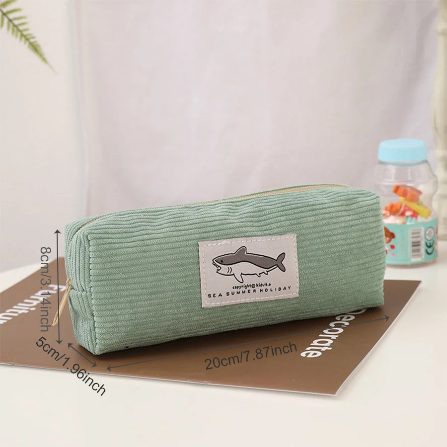 Cute Shark Pencil Case Unisex Korean Style Dirty Corduroy Resistant Storage Bag for Girls School Student Supplies Stationery