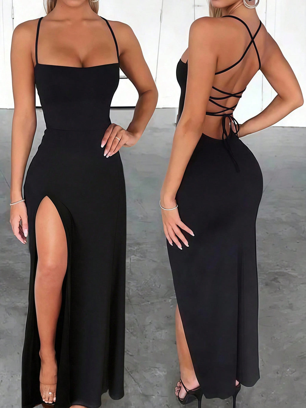 INAWLY Slim Fit Sexy High Slit Cross Strap Tie up Long Dress for Women