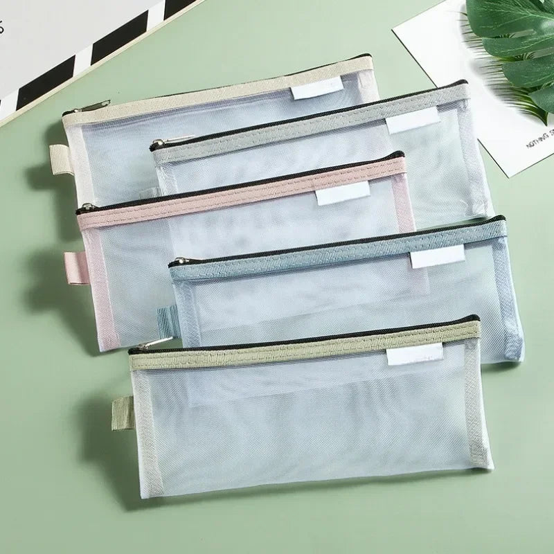 Cute Simple Morandi Color Edge Transparent Mesh Pencil Case Kawaii Pen Bag Student Stationery Aesthetic Back to School Supplies