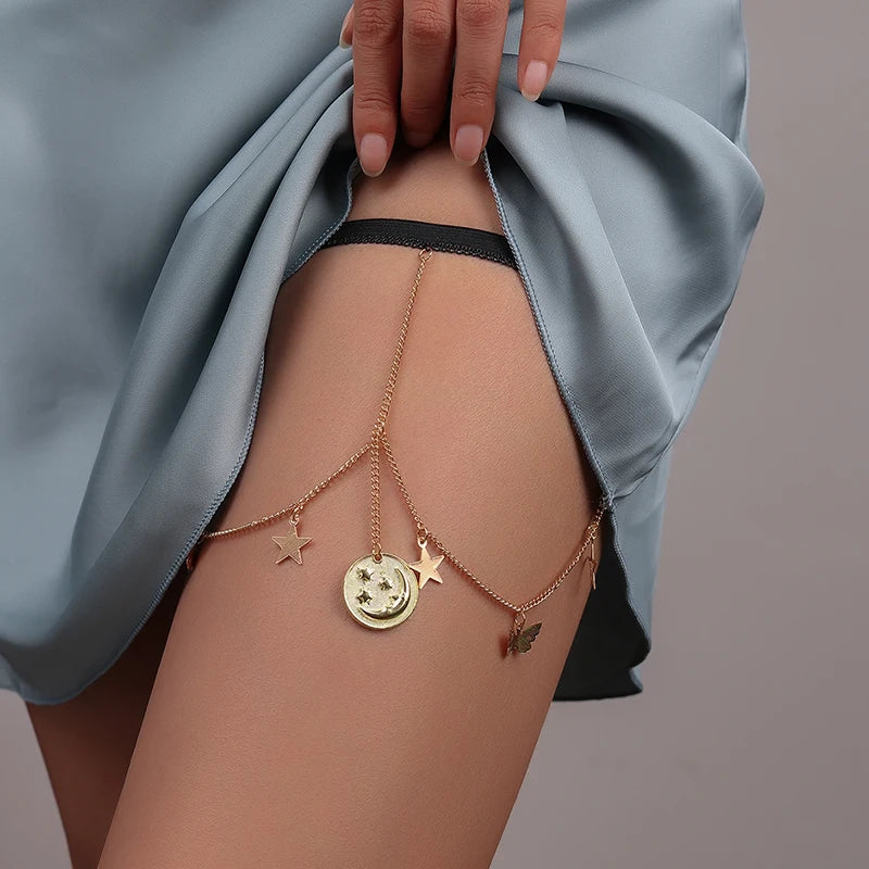 Aihua Bohemian Elestic Band Leg Chain for Women Sexy Long Tassel Flower Butterfly Pendants Leg Thigh Harness Beach Body Jewelry