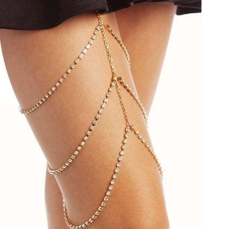 Boho Elastic Band Crystal Leg Thigh Chain for Women Summer Beach Sexy Tassel Multilayer Adjustable Body Jewelry Dress Decorate
