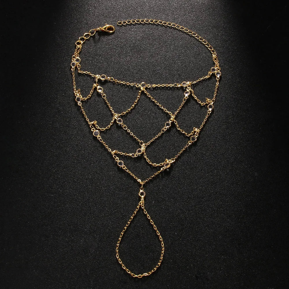 Stonefans Boho Rhinestone Mesh Bracelet Hand Chain Jewelry for Women 2025 Summer Beach Finger Bracelet Bridal Wedding Gift