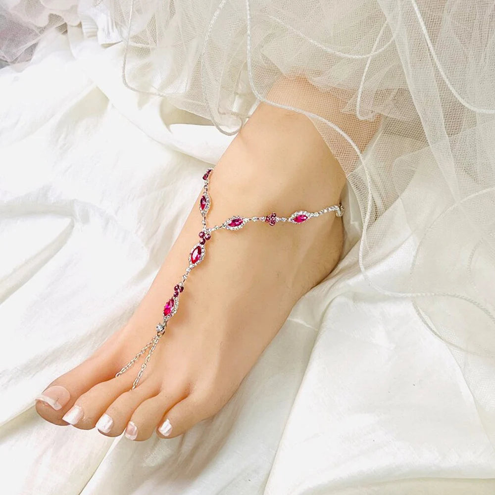 Stone Fans New Arrival High-grade Full Rose Red Rhinestone Anklet J Fashion Summer Beach Sexy Foot Jewelry for Woman